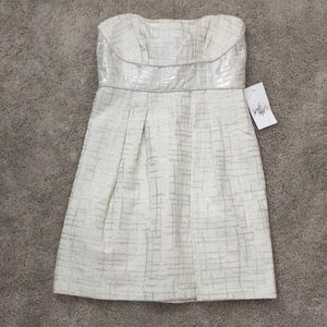 BCBGMaxAzria white/silver strapless dress, size 10.